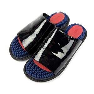 Kenzo Slides 37 Black Patent Leather Slip On Shoes Textured Footbed Womens Shoes